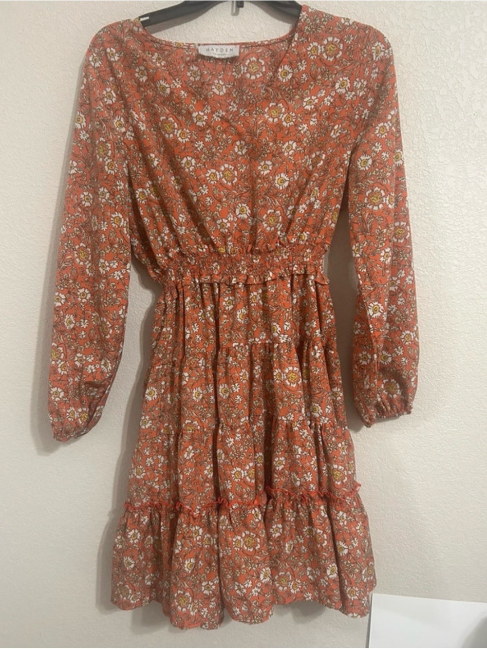 Hayden Rust Floral Tiered Midi Dress with Long Sleeves